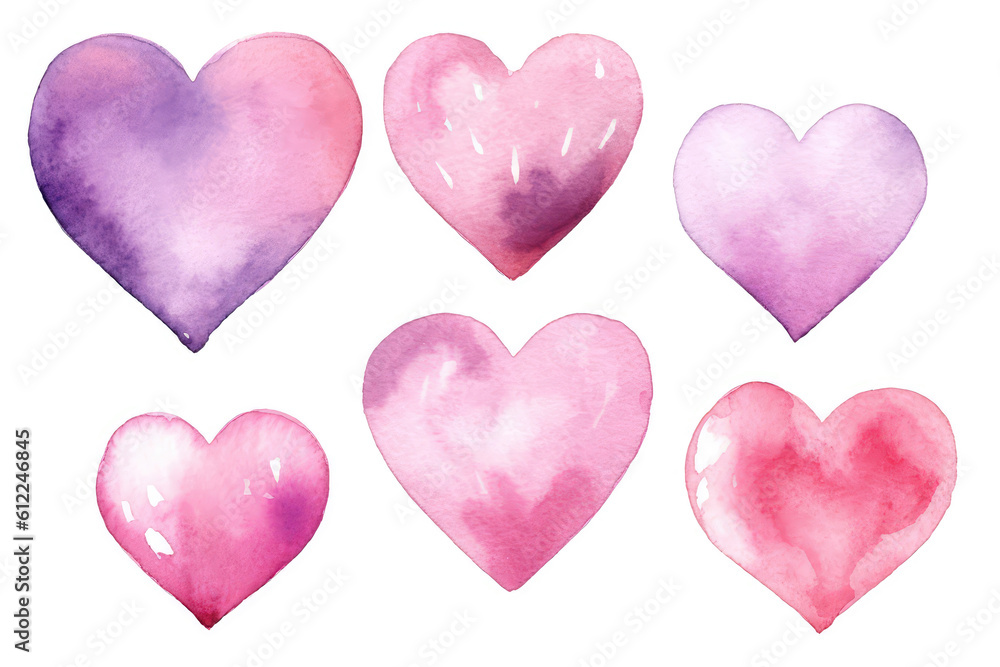 Set Pink Watercolor Hearts Of Love. Generative AI