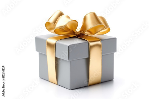 Grey Gift Box With Gold Ribbon On White Background. Generative AI