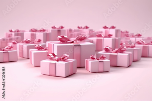 Pink Gift Boxes Set On White Background, 3D. Generative AI