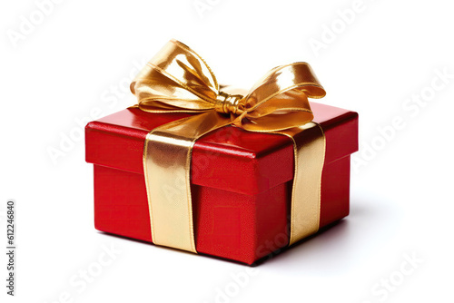 Red Gift Box With Gold Ribbon On White Background. Generative AI © Anastasiia