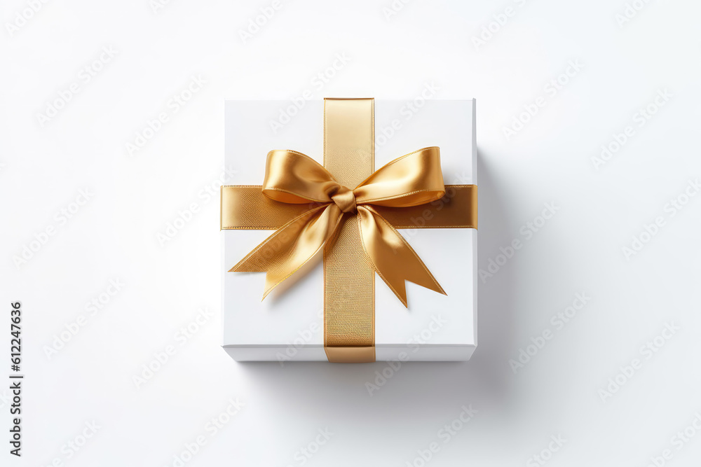 White Gift Box With Gold Ribbon On White Background. Generative AI White Gift Box With Gold Ribbon On White Background. Generative AI