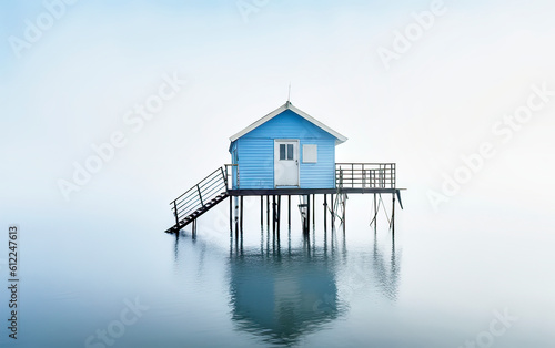 Blue elevated wooden hut with stairs in a lake against hazy white background  made with generative ai
