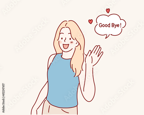 Attractive friendly looking young woman smiling happily, saying Bye. Hand drawn style vector design illustrations.