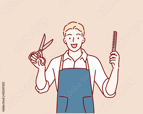 cheerful man hairstylist hold scissors comb professional ready make hair cut wear white shirt. Hand drawn style vector design illustrations.