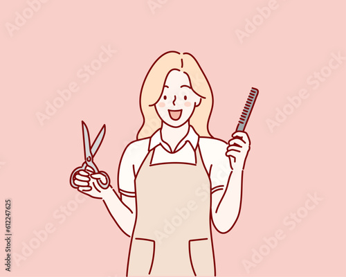 cheerful woman hairstylist hold scissors comb professional ready make hair cut wear white shirt. Hand drawn style vector design illustrations.