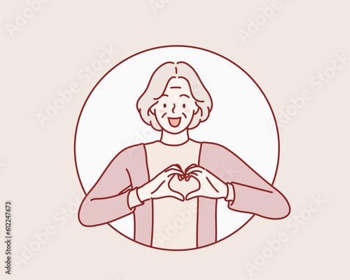  Senior woman showing heart gesture with two hands.  Hand drawn style vector design illustrations.