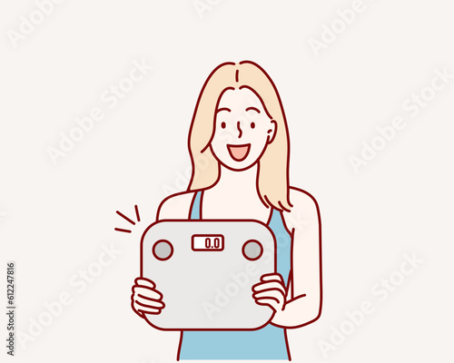 healthy woman with a scale. Hand drawn style vector design illustrations.