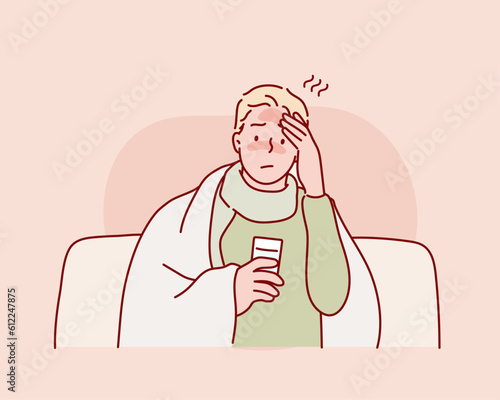  man suffering from cold at his home.  Hand drawn style vector design illustrations.
