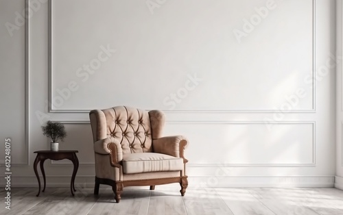 The Interior with an Armchair on an Empty White Wall Background. Generative AI ©  Creative_studio