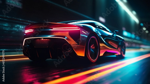 Sports Car On Neon Highway. Powerful acceleration of a supercar with colorful lights and trails. Generative ai. © Aiakos