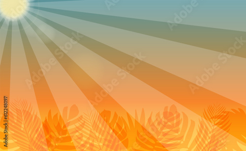 Vector horizontal summer background with sunbeams and tropical leaves. Summer banner with place for inscription