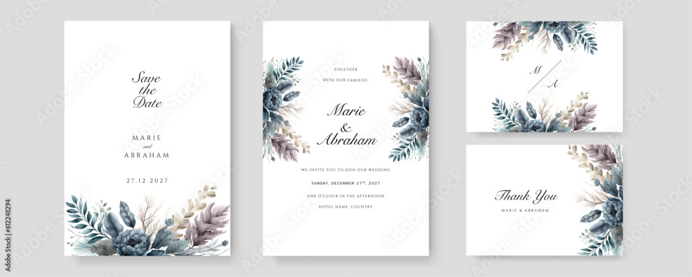 dark tosca hand drawn floral wedding invitation card