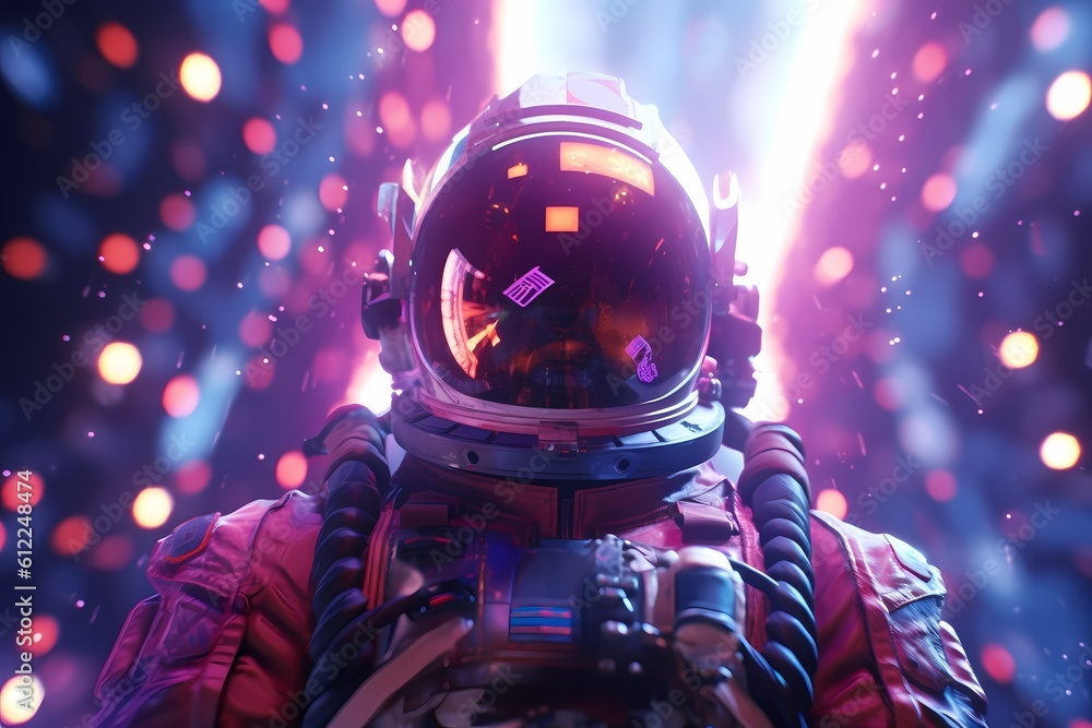 Sci-fi Retrowave space illustration of science fiction scene with mysterious astronaut figure in space suit surrounded by glowing neon tube lights. Generative Ai. Sci-fi Retrowave space illustration of science fiction scene with mysterious astronaut figure in space suit surrounded by glowing neon tube lights. Generative Ai.