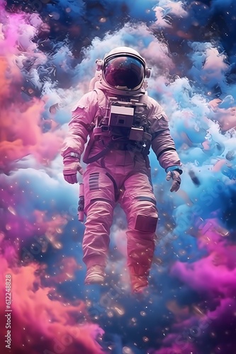 Space illustration of man in space suit inside softly glowing pink and blue galactic cloud. Peaceful galaxy astronaut. Retrowave. Generative Ai.