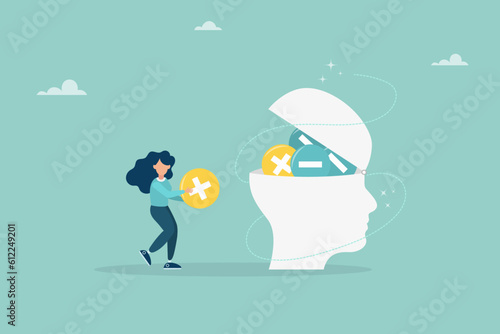 Think negative. Add positive thoughts to negative people. vector business concept. Flat illustration. 