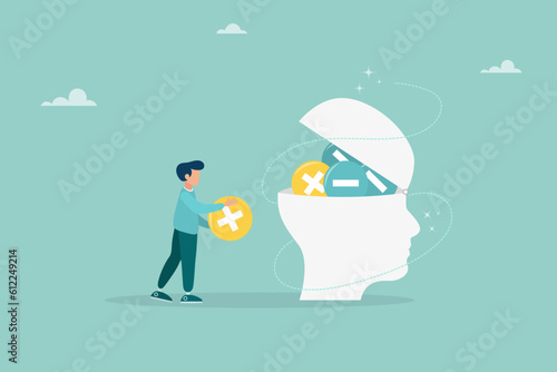 Think negative. Add positive thoughts to negative people. vector business concept. Flat illustration.
