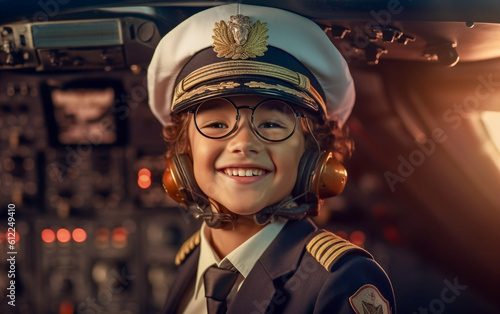 Happy and joyful looking kid dressed as an airplane pilot in the cockpit of an airliner - ai generative