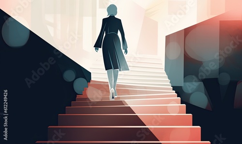 Contemporary artwork of a woman in business attire climbing stairs Creating using generative AI tools