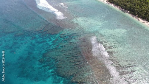 Aerial drone view of coral reef with crystal clear water, Mentawai island, Indonesia, beauty in nature, top-down photo