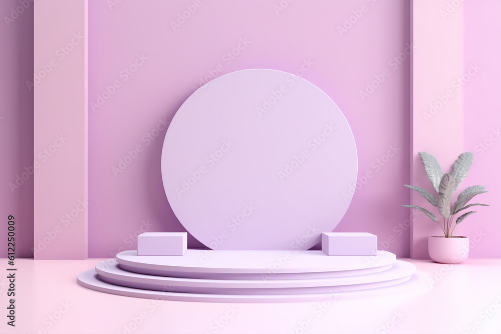 studio setting with round purple podium and house plants on a pastel background created with AI generative tools studio setting with round purple podium and house plants on a pastel background created with AI generative tools