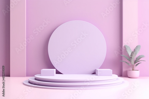 studio setting with round purple podium and house plants on a pastel background created with AI generative tools photo