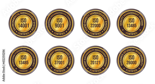 iso certified badge, iso certified stamp, iso certified emblem, iso certified logo, glossy badges vector set, shiny logo, 3d realistic badge logo vector illustration