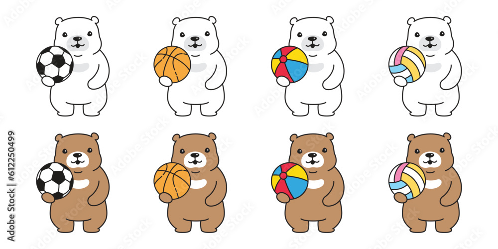 Bear vector polar bear icon sport ball soccer football basketball volleyball beach character cartoon doodle logo teddy symbol animal illustration isolated design