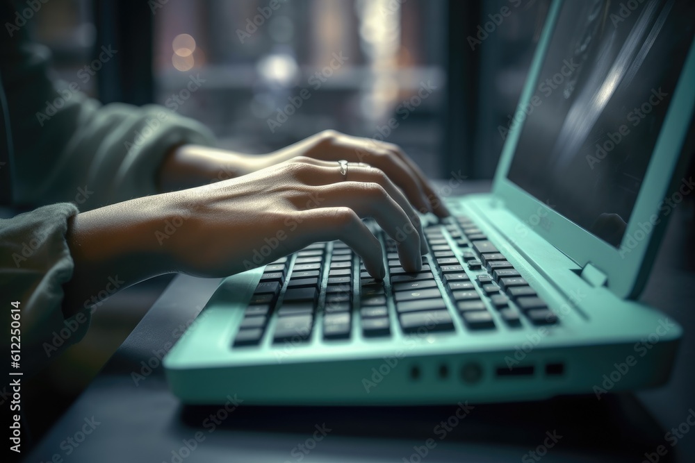 A woman typing on a laptop computer, Generative Ai A woman typing on a laptop computer, Generative Ai