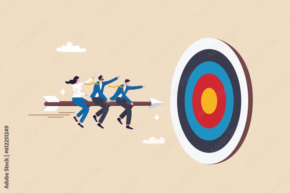 Φωτογραφία Teamwork aiming for target, business goal or achievement, focus on goal, objective or purpose, company direction or collaboration partner concept, business people team riding arrow to hit bullseye