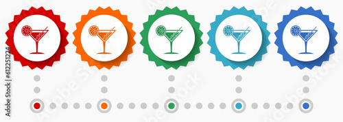 Tropical drink, alcohol, bar, martini in glass vector icon set, colorful infographic template, set of flat design badge icons in 5 color options