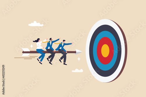 Teamwork aiming for target, business goal or achievement, focus on goal, objective or purpose, company direction or collaboration partner concept, business people team riding arrow to hit bullseye.
