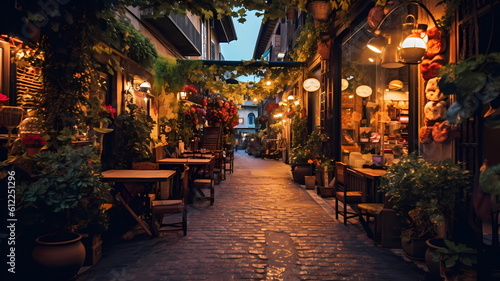 summer city street cafe in Europe  Italy Spain Greece   and Baltic Countryes  medieval town  people walk day and evening life  candles blurred light cup of coffee on Table style generated ai