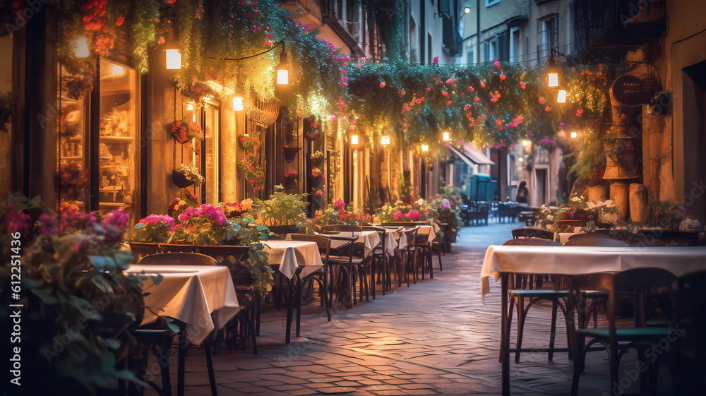 summer city street cafe in Europe ,Italy,Spain,Greece 
 and Baltic Countryes ,medieval town ,people walk,day and evening life ,candles blurred light,cup of coffee on Table,style,generated ai