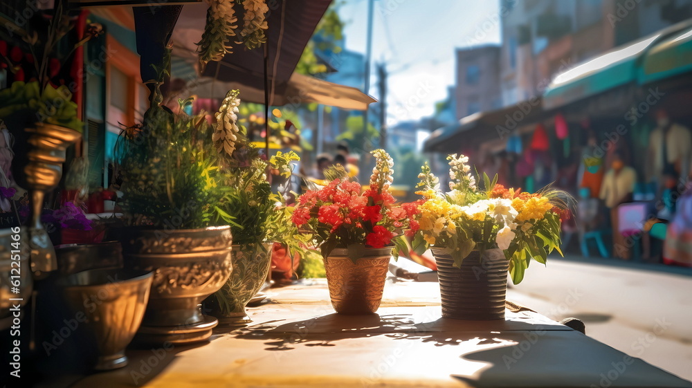 Fototapeta premium summer city street cafe in Europe ,Italy,Spain,Greece and Baltic Countryes ,medieval town ,people walk,day and evening life ,candles blurred light,cup of coffee on Table,style,generated ai