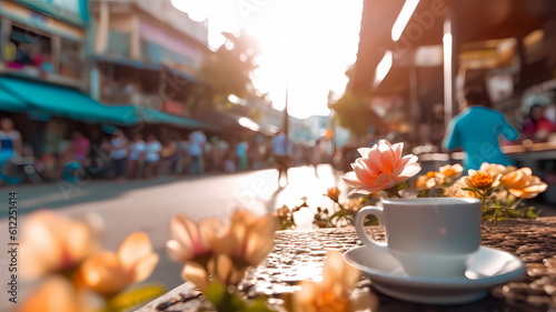 summer city street cafe in Europe ,Italy,Spain,Greece and Baltic Countryes ,medieval town ,people walk,day and evening life ,candles blurred light,cup of coffee on Table,style,generated ai