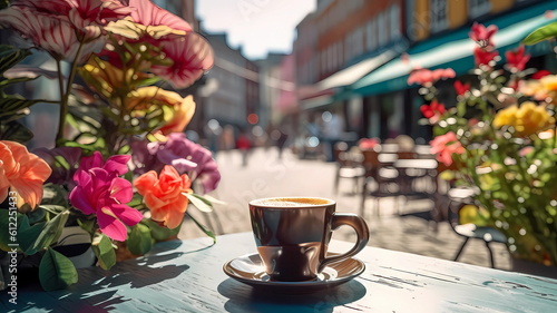 summer city street cafe in Europe ,Italy,Spain,Greece and Baltic Countryes ,medieval town ,people walk,day and evening life ,candles blurred light,cup of coffee on Table,style,generated ai