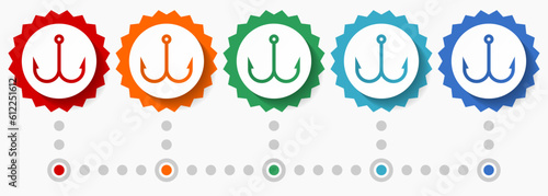 Fishing hook vector icon set, colorful infographic template, set of flat design badge icons in 5 color options