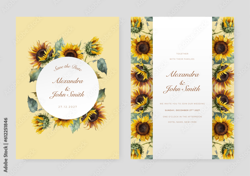 Fototapeta premium wedding invitation set with yellow green sun flower garden watercolor