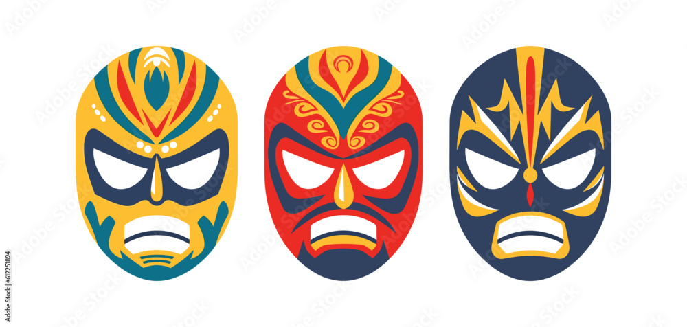 Set of three luchador. Lucha Libre, Mexican wrestling masks. Minimal flat vector icons. Set of three luchador. Lucha Libre, Mexican wrestling masks. Minimal flat vector icons.