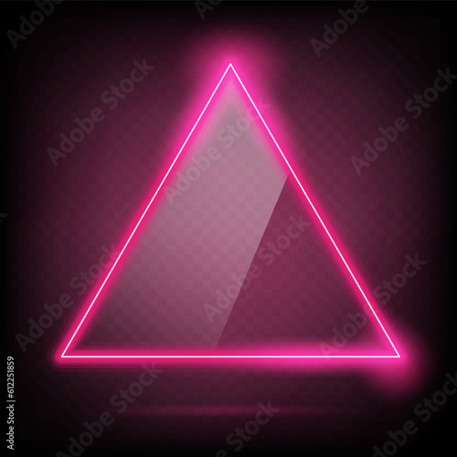 Triangle frame transparent glass effect. Abstract pink light neon border shape. Futuristic screen glowing vector background.