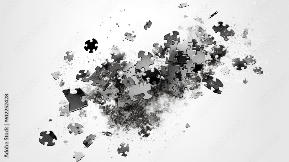 A Black and White Illustration of Puzzle Pieces Floating Through the Air, Grunge Style, Generative A Black and White Illustration of Puzzle Pieces Floating Through the Air, Grunge Style, Generative
