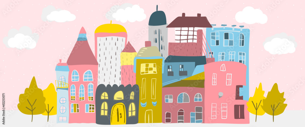 Cute Scandinavian Town Illustration Flat Cartoon Vector. Tiny Houses and Cozy Streets