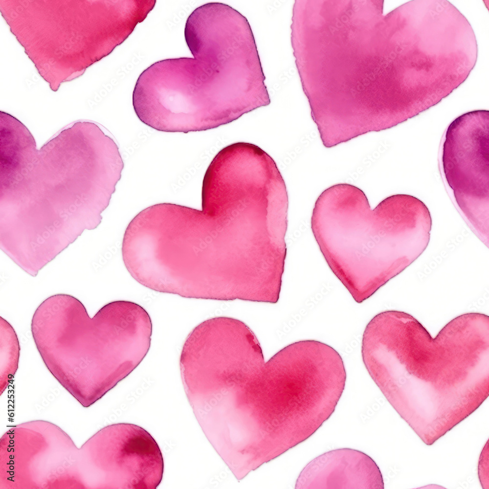 Set Pink Watercolor Hearts Of Love. Seamless Background. Generative AI