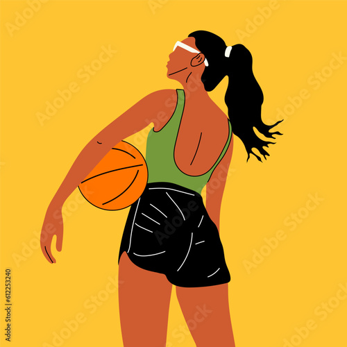 Beautiful woman who go in for sports, play basketball. Abstract feminine illustrations