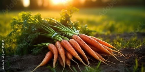 AI Generated. AI Generative. Farmer carrot at field. Organic eco vegetable. Diet nutrition vegetarian restaurant food. Graphic Art