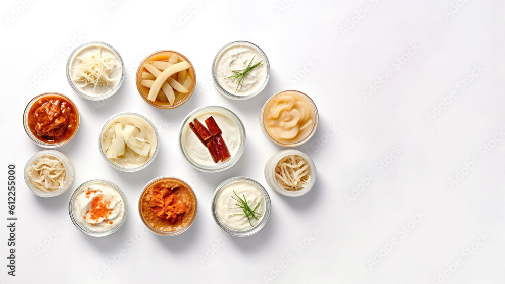 Set of fermented food in jars isolated on white background, top view. Healthy probiotic or prebiotic diet. AI Generated. Set of fermented food in jars isolated on white background, top view. Healthy probiotic or prebiotic diet. AI Generated.