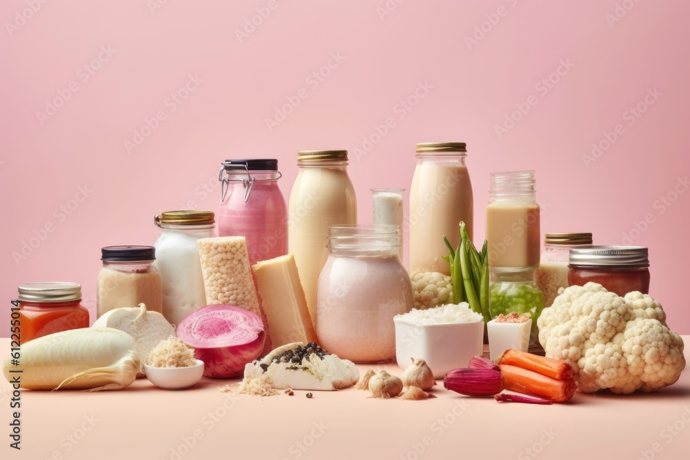 Set of fermented food in jars isolated on pink background. Healthy probiotic or prebiotic diet. AI Generated. Set of fermented food in jars isolated on pink background. Healthy probiotic or prebiotic diet. AI Generated.