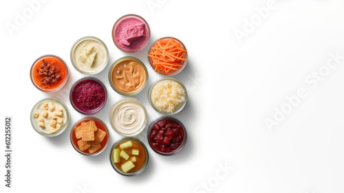 Set of fermented food in jars isolated on white background, top view. Healthy probiotic or prebiotic diet. AI Generated. photo