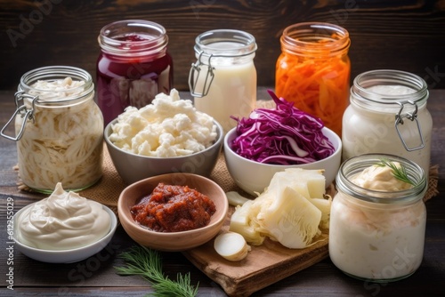 Set of fermented food in jars on a wooden table. Healthy probiotic or prebiotic diet. AI Generated.