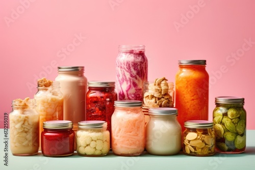 Set of fermented food in jars isolated on pink background. Healthy probiotic or prebiotic diet. AI Generated. photo